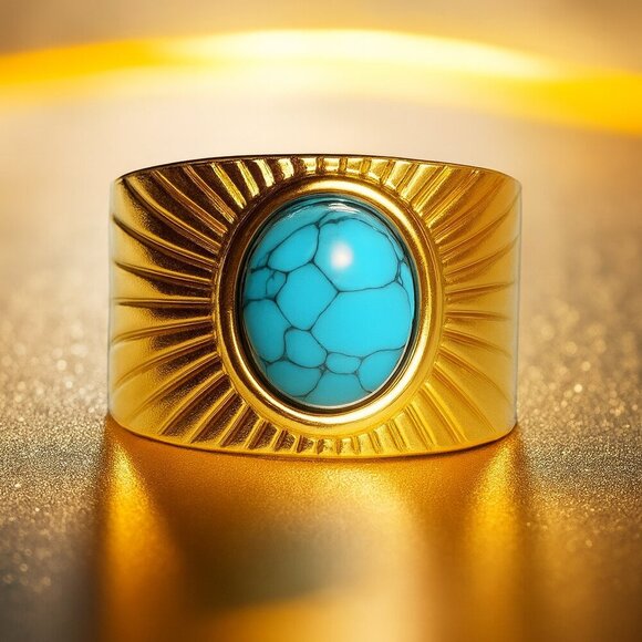 🆕️Sunburst Boho Chic 14K Gold Plated Adjustable Turquoise Statement Ring 🌞💙 - Picture 11 of 11
